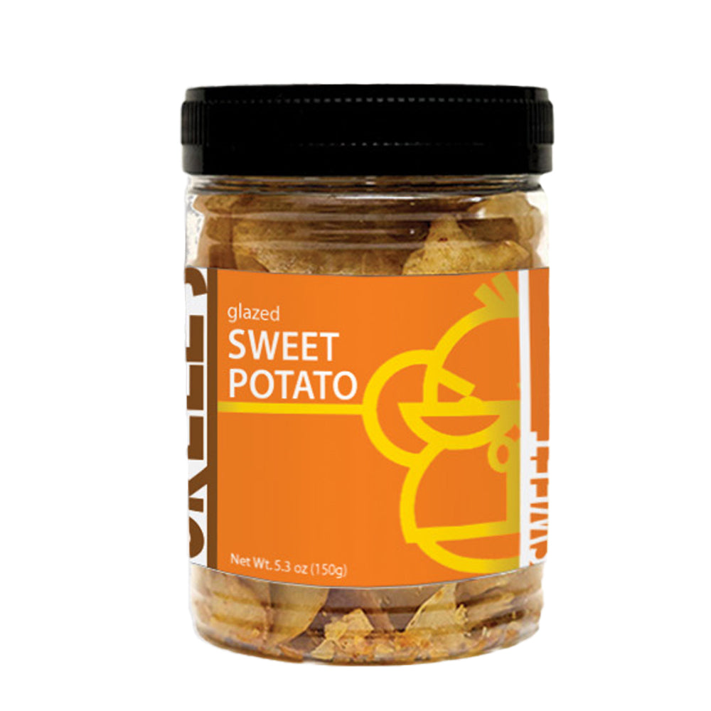 A jar of Orell's Sweet Potato Thins, 150 grams, with a label showing the product name