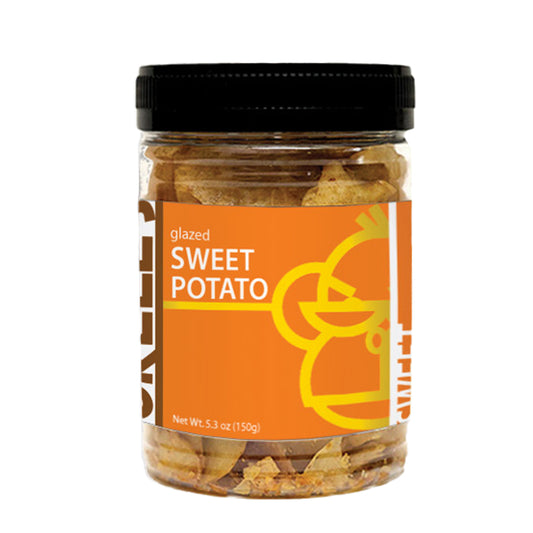 A jar of Orell's Sweet Potato Thins, 150 grams, with a label showing the product name