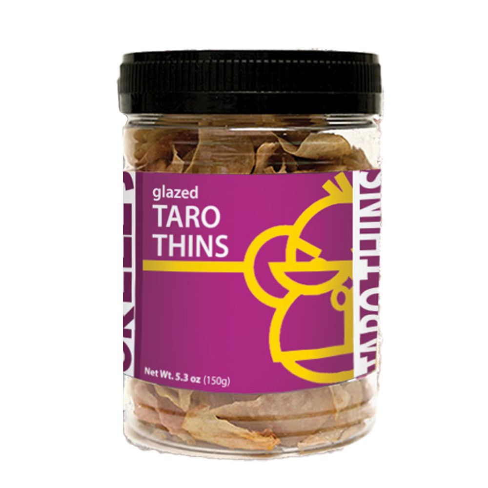 A jar of Orell's glazed taro thins viewed from the front