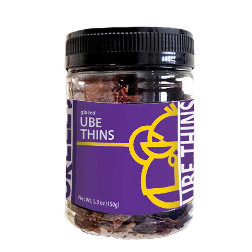 A purple jar of Orell's Ube Thins, also known as purple yam, seen from the front