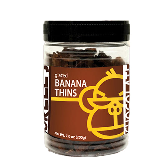 A jar of Orell's Chocolate Glazed Banana Thins, 200 grams.