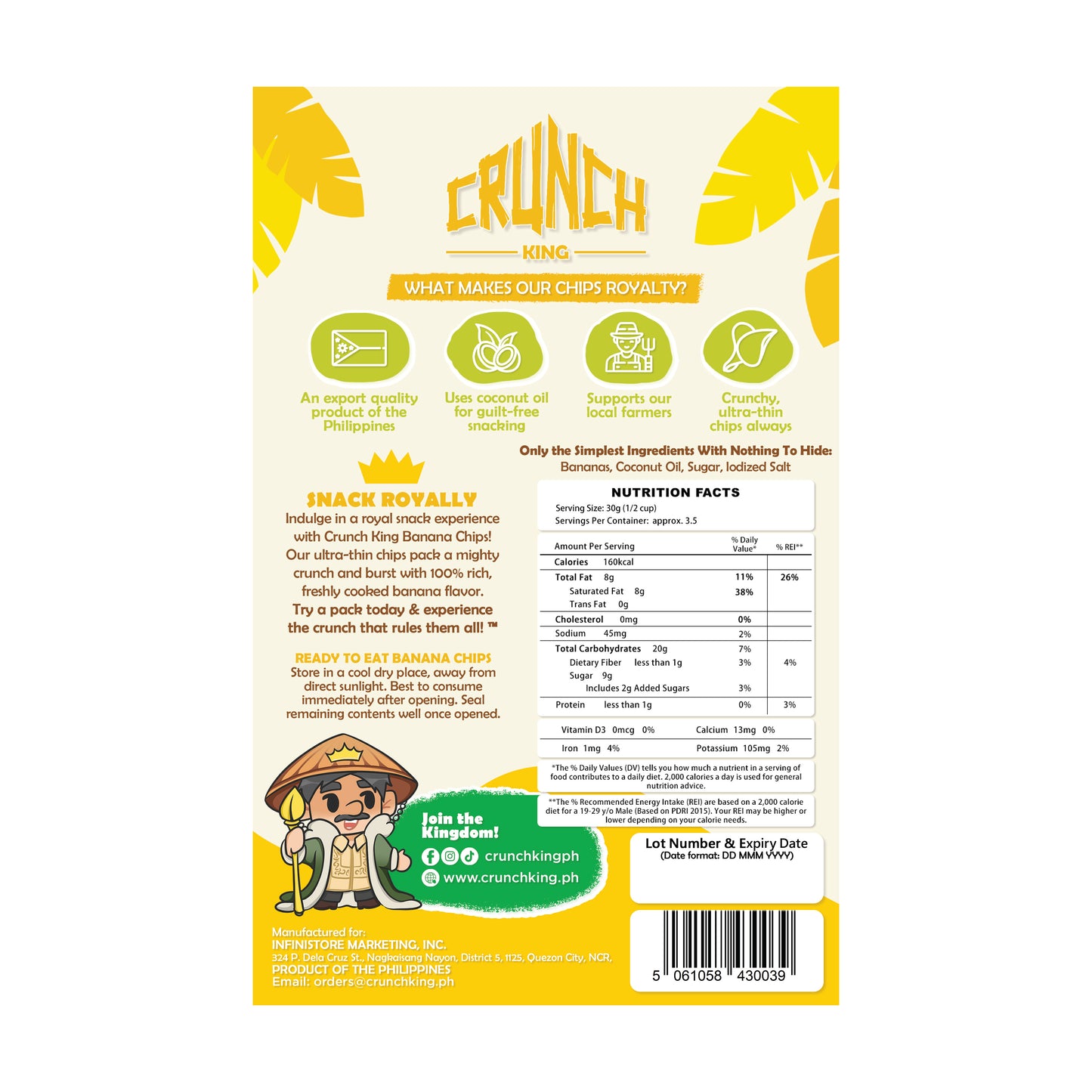 Crunch King Royal Banana Chips Pasalubong Gift Box (Original Flavor) - 100 grams x 6 Pouches