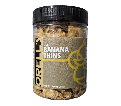 A jar of Orell's Truffle Glazed Banana Thins, 200 grams.
