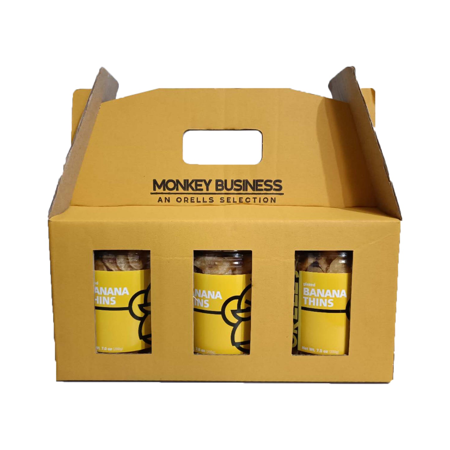 A set of three jars of Orell's Banana Thins chips in a yellow packaging box with the Monkey Business collection logo.