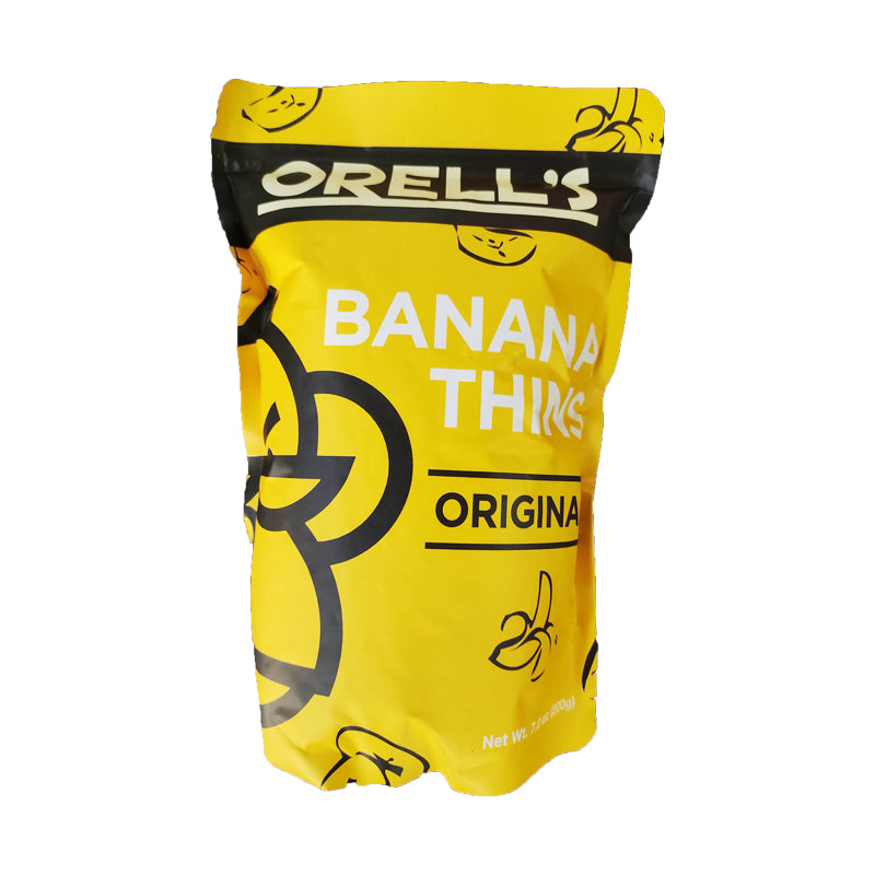 A pouch of Orell's Original Glazed Banana Thins, 200 grams.