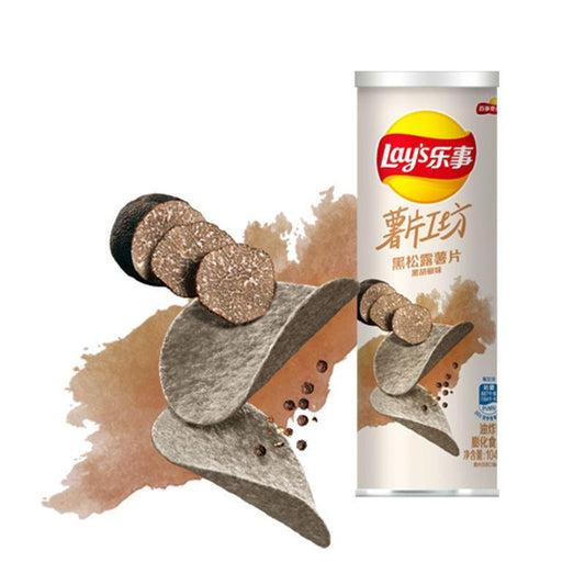 Lays Premium Black Truffle Flavor, Front Can and Actual Product