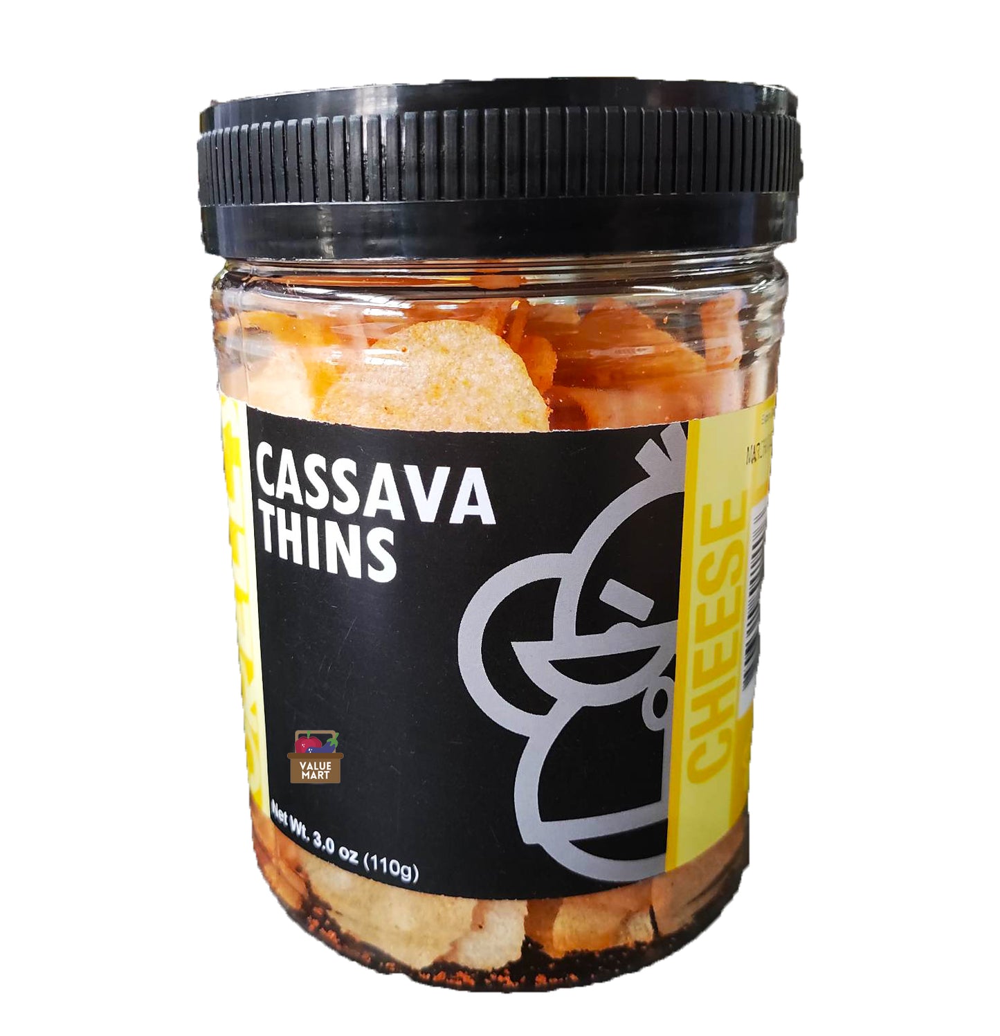 A jar of Orell's Cheese Flavored Cassava Thins. The product is visible through the jar glass, showing the crispy, cheese-flavored cassava chips inside.