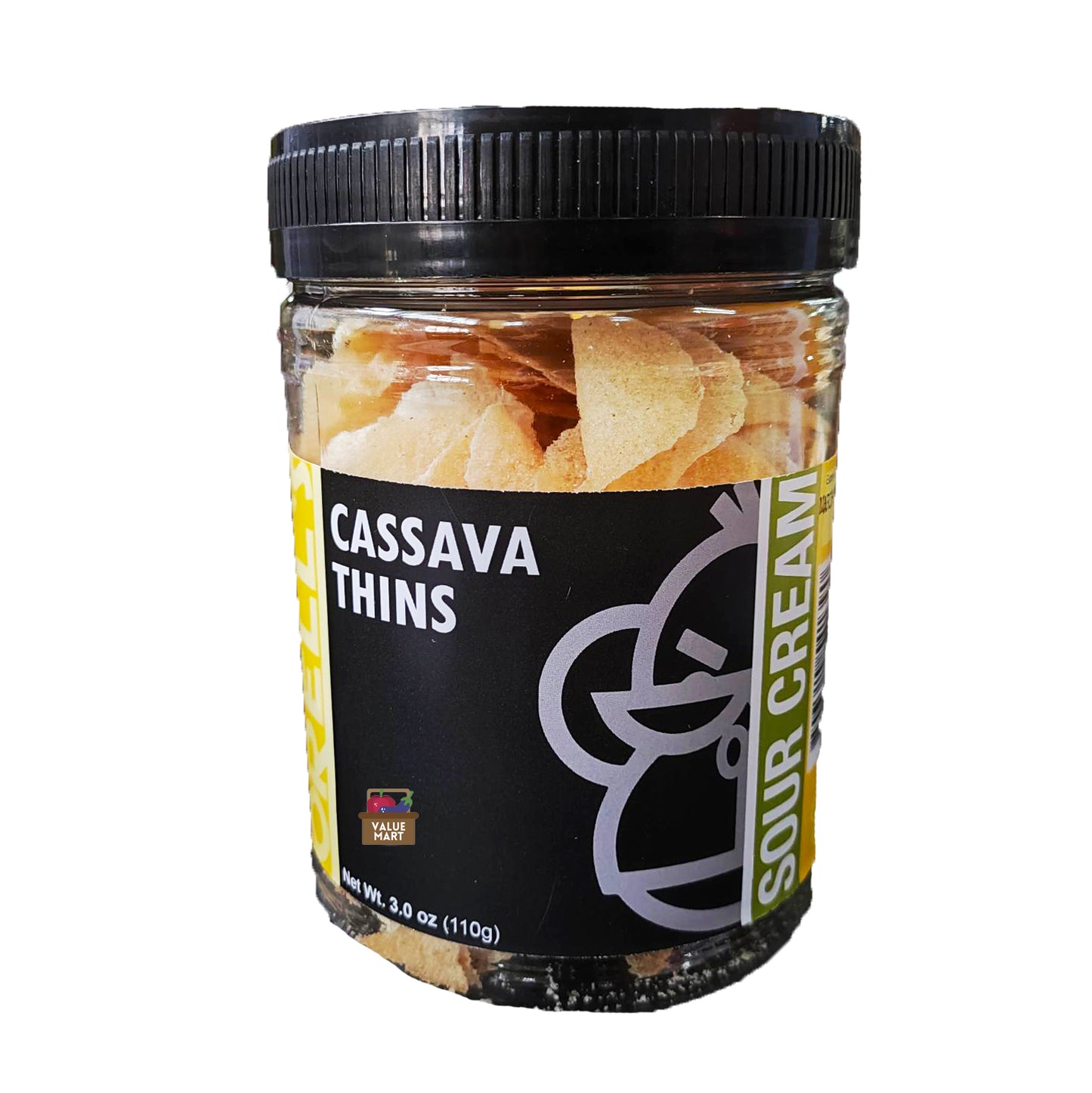 A jar of Orell's Sour Cream Flavored Cassava Thins. The jar is transparent, showing the crispy cassava chips inside.