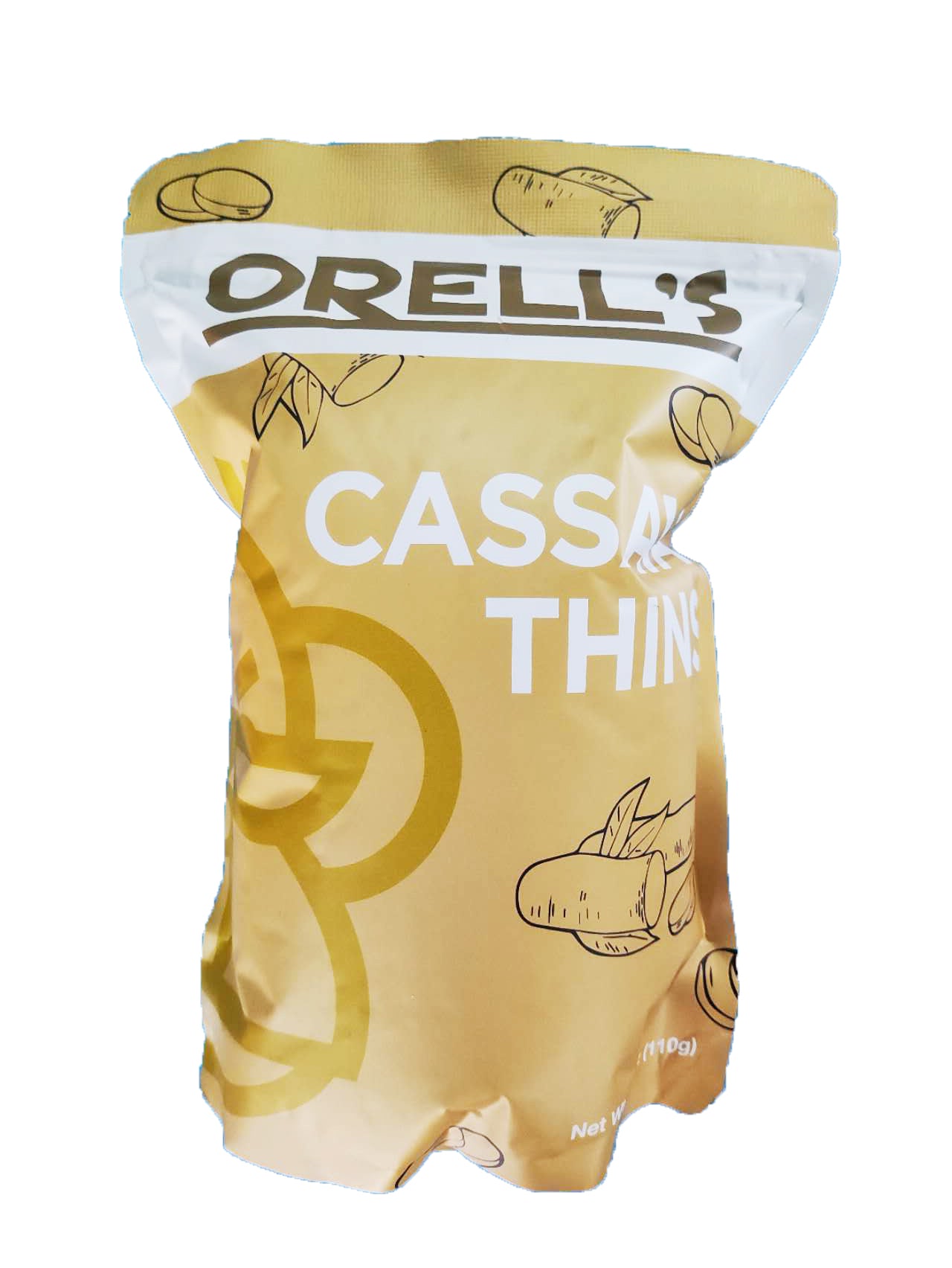 A pouch of Orell's Original Glazed Cassava Thins. The packaging is primarily yellow with graphics of cassava and the product name.