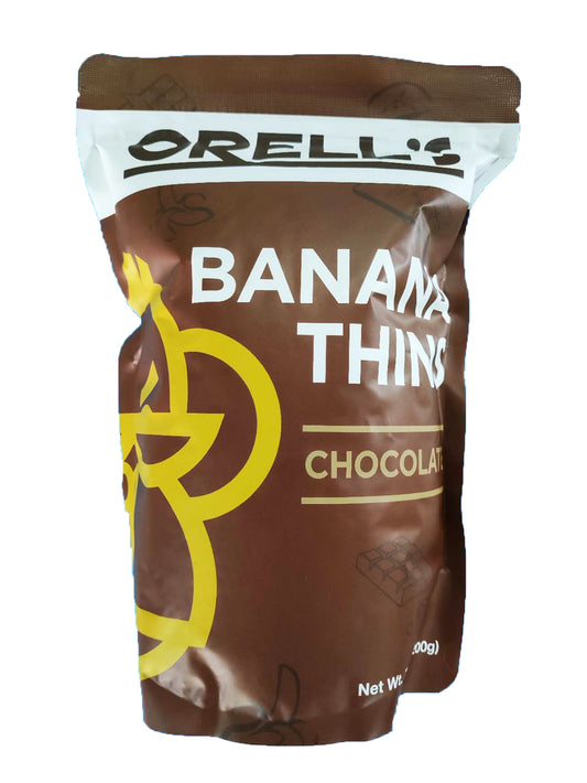 A pouch of Orell's Chocolate Glazed Banana Thins, 200 grams, viewed from the front