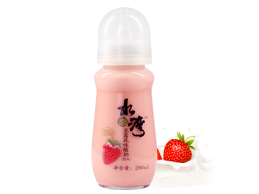 Shuilian Taiwan Glass Baby Bottle Yogurt Drink (Strawberry Flavor), Front Bottle