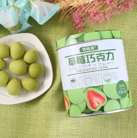 Chocolate Coated Strawberry (Matcha Chocolate Flavor) in Gift Can - 110 grams